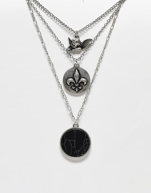 Reclaimed Vintage unisex multirow necklace with cherub pendant in silver