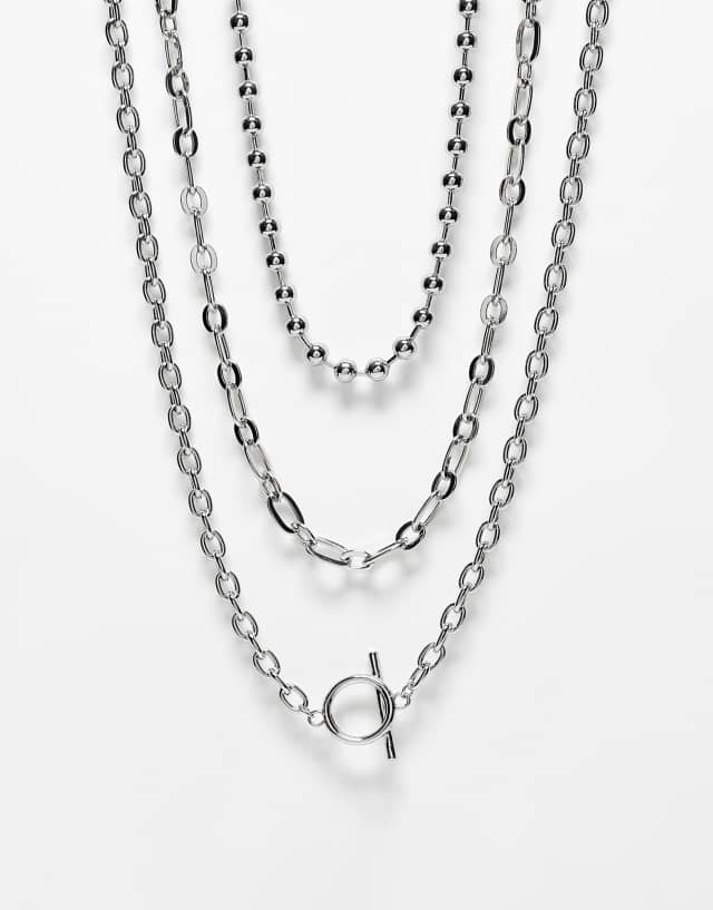 Reclaimed Vintage unisex multirow necklace with T bar and ball chain in silver