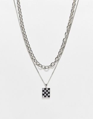 Reclaimed Vintage unisex mutlirow with checkerboard pendant in silver