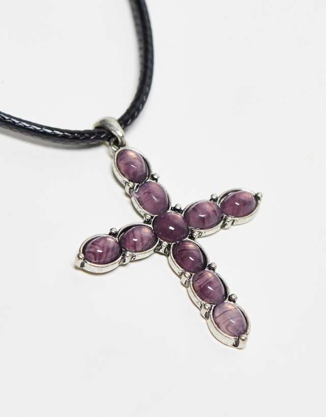 Reclaimed Vintage unisex necklace with purple stone cross on cord
