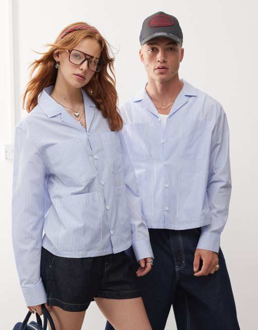 Reclaimed Vintage Unisex – Niebieska pudełkowa koszula oversize z ozdobną kieszenią i wzorem w prążki