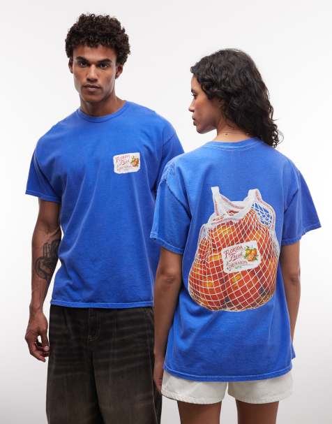 Reclaimed Vintage unisex oversized graphic t-shirt with orange print in blue