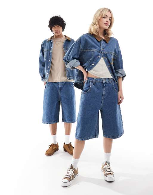 Reclaimed Vintage Unisex – Niebieskie długie szorty jeansowe w kowbojskim stylu z haftowanym wzorem