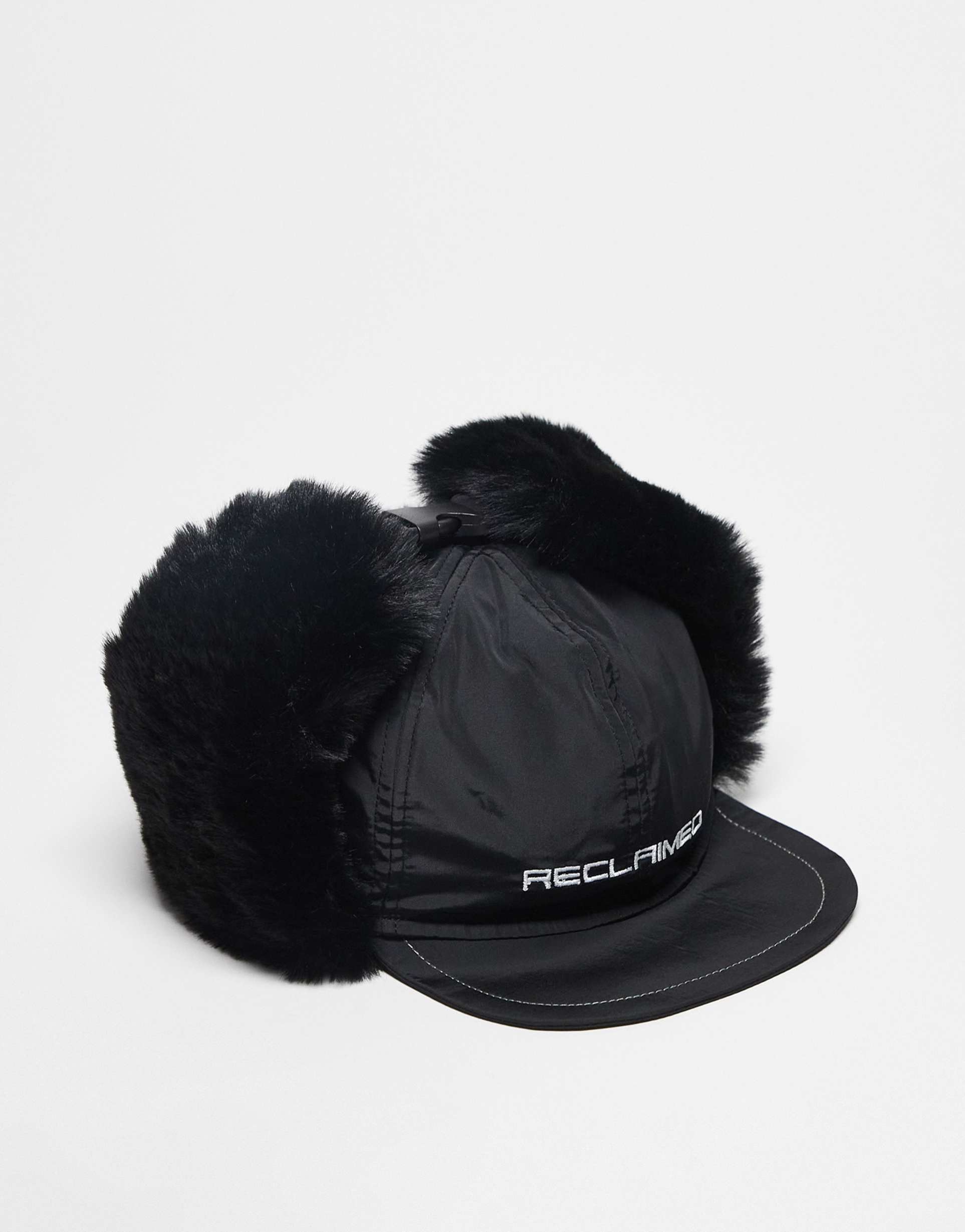 reclaimed vintage unisex nylon cap with faux fur in black