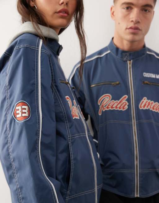 Reclaimed Vintage Unisex nylon moto jacket with logo badges and embroidery in ink blue