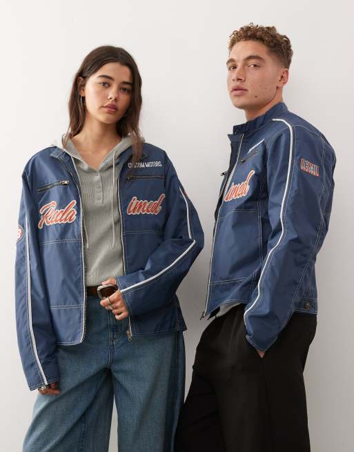 Reclaimed Vintage unisex nylon motor jacket with logo badges and embroidery in ink blue