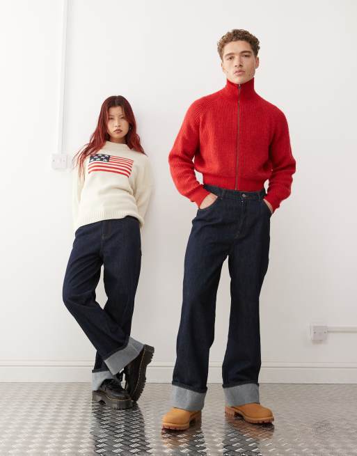Reclaimed Vintage Unisex – Obszerne ciemnoniebieskie jeansy z podwijanymi nogawkami