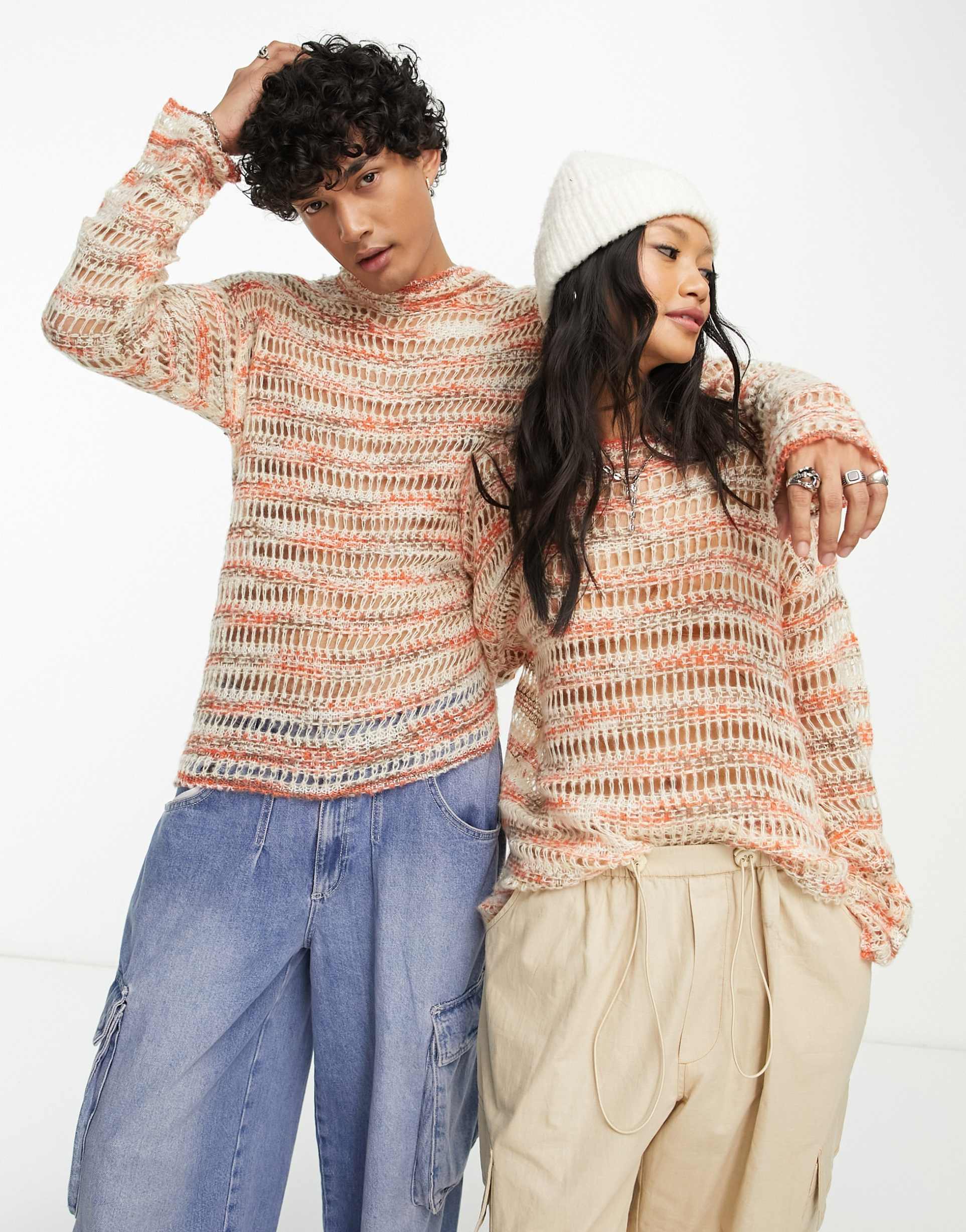 Reclaimed Vintage unisex open knit jumper in earthy stripes view 2