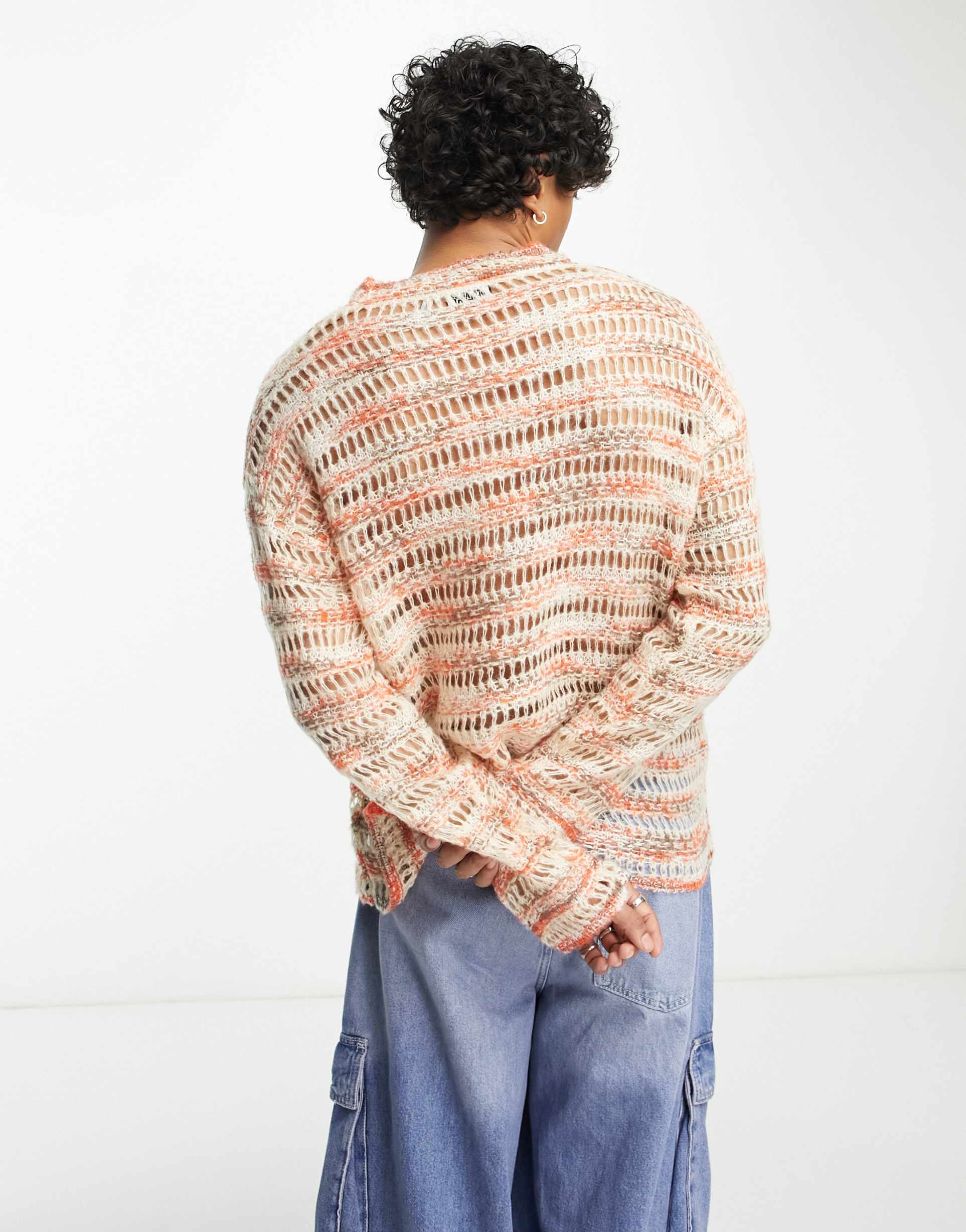 Reclaimed Vintage unisex open knit jumper in earthy stripes view 3
