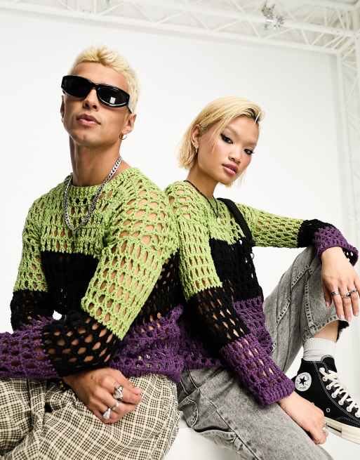 Reclaimed Vintage unisex open knitted summer festival jumper in multi stripe