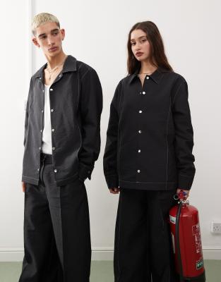 unisex overshirt in black nylon with contrast stitch