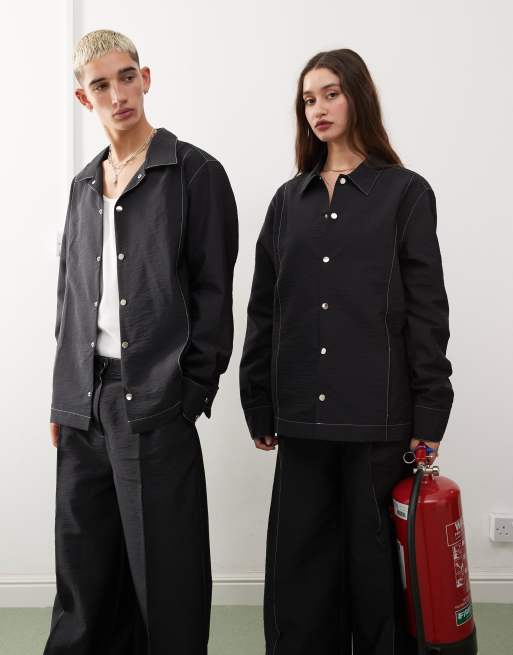 Reclaimed Vintage - Unisex overshirt van Nylon met contrasterende stiksels in zwart
