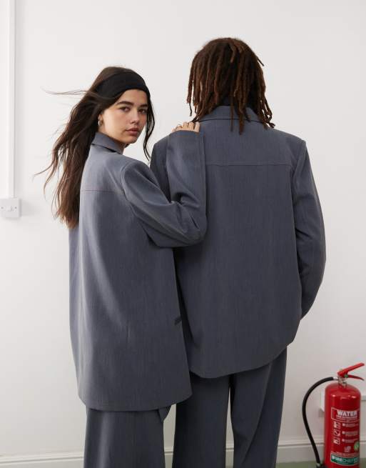 Reclaimed Vintage – Unisex – Oversize-kavaj i chambraytyg med kontrastsömmar, 4 av 4