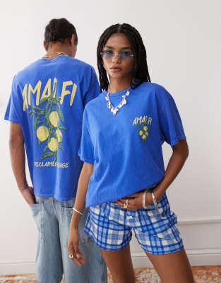 Reclaimed Vintage - Unisex - Oversize-T-Shirt in Blau mit Amalfi-Zitronenprint