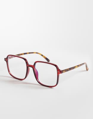 Reclaimed Vintage Reclaimed Vintage unisex oversized 70s blue light glasses in red and brown tortoiseshell-Multi