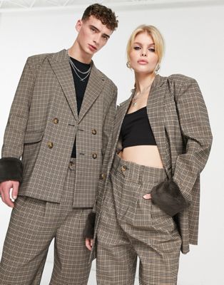 Reclaimed Vintage  unisex oversized blazer co-ord in check with fur trim - ASOS Price Checker