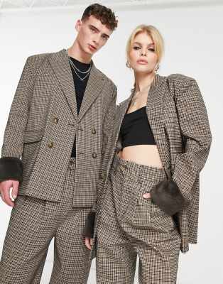 unisex oversized blazer in check with fur trim - part of a set-Multi