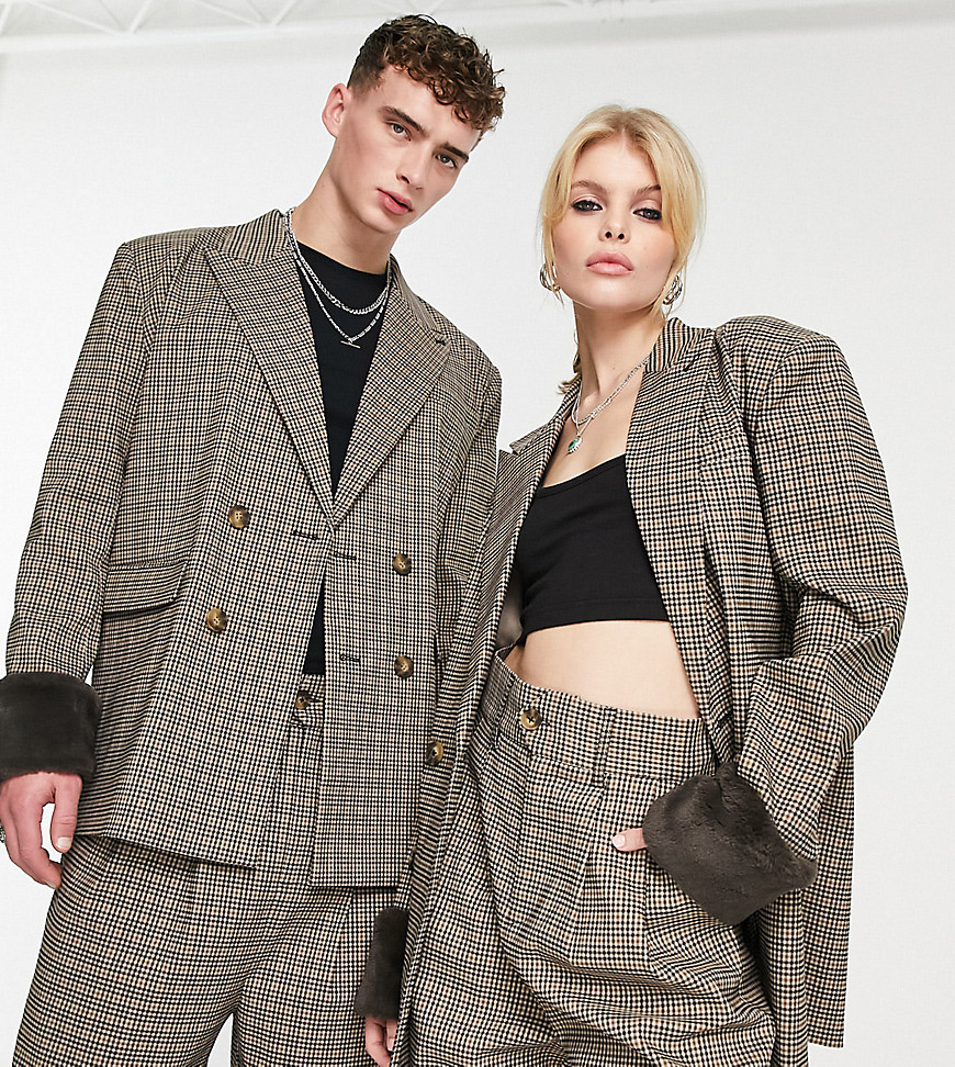 unisex oversized blazer in check with fur trim - part of a set-Multi