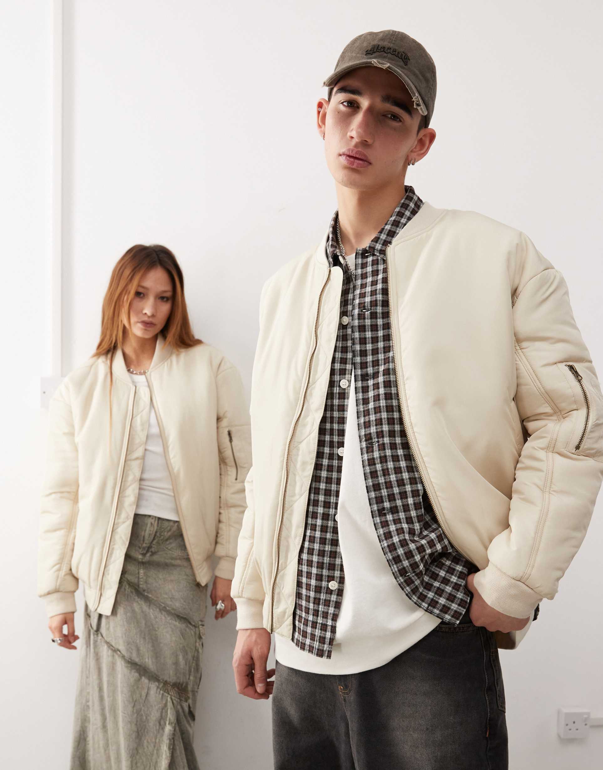 reclaimed vintage unisex oversized bomber jacket in stone