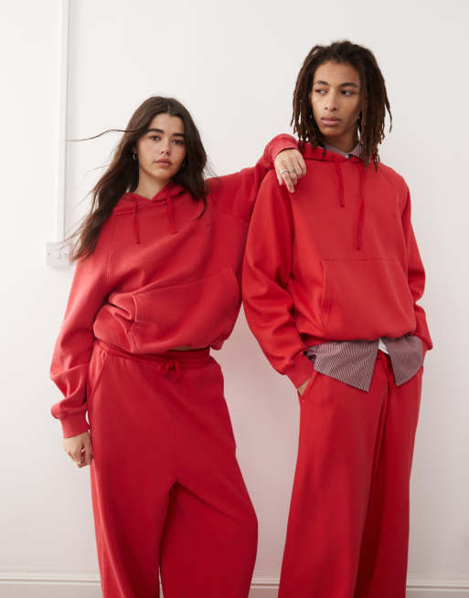 Reclaimed Vintage unisex oversized boxy cropped hoodie in berry red, 2 of 4