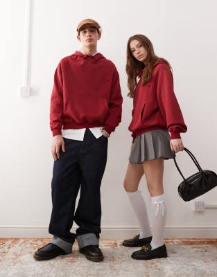 Reclaimed Vintage unisex oversized boxy cropped hoodie in burgundy