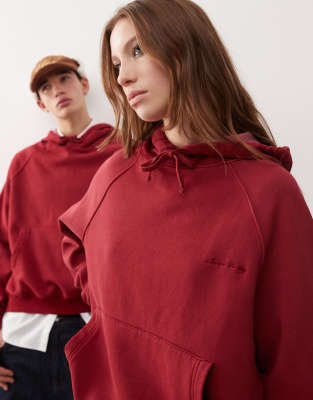 Reclaimed Vintage unisex oversized boxy cropped hoodie in burgundy