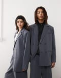 [Reclaimed Vintage] Reclaimed Vintage unisex oversized chambray blazer with contrast stitch-Blue XL Light blue