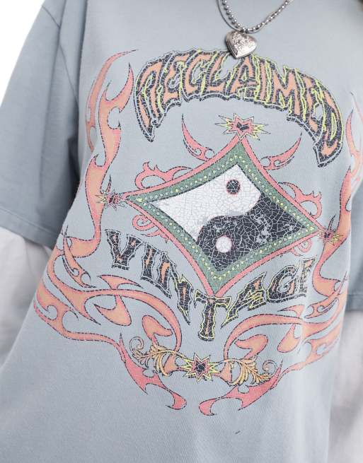 Reclaimed Vintage unisex oversized double layer t-shirt with yin yang graphic in blue, 3 of 4