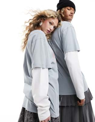 Reclaimed Vintage unisex oversized double layer t shirt with ying yang graphic in blue