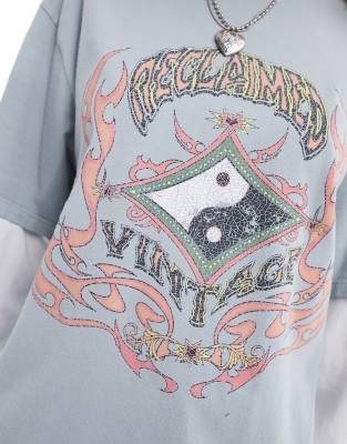 Reclaimed Vintage unisex oversized double layer t shirt with ying yang graphic in blue
