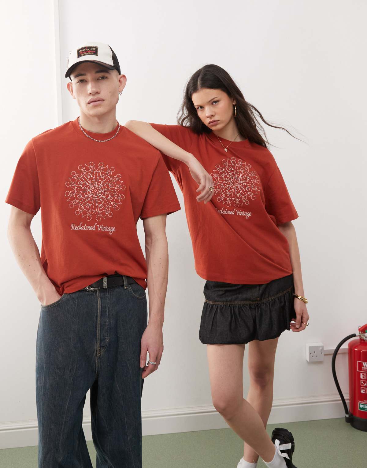 Reclaimed Vintage unisex oversized embroidered graphic t shirt in red
