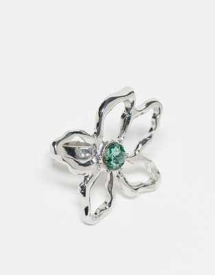 Reclaimed Vintage Unisex Oversized Flower Ring With Green Stone-silver