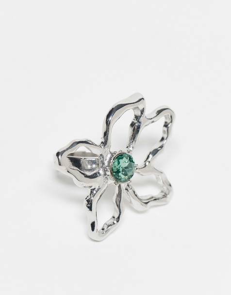 Reclaimed Vintage unisex oversized flower ring with green stone - view 1