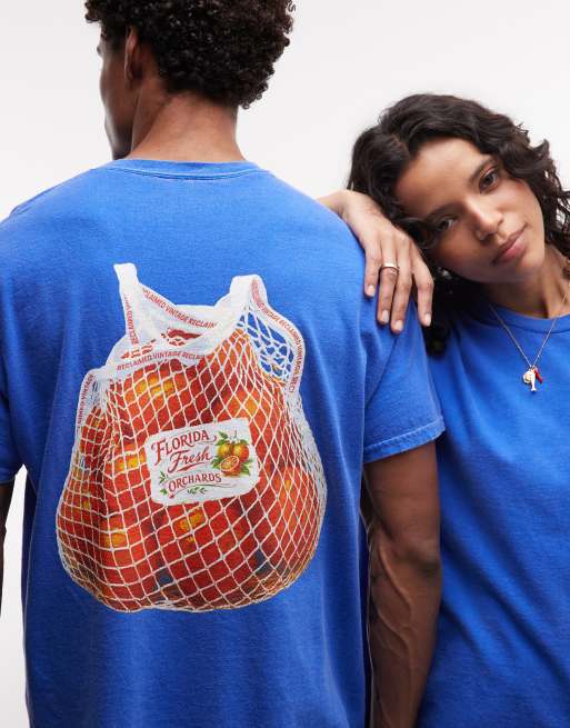 Reclaimed Vintage unisex oversized graphic t-shirt with orange print in blue, 3 of 4
