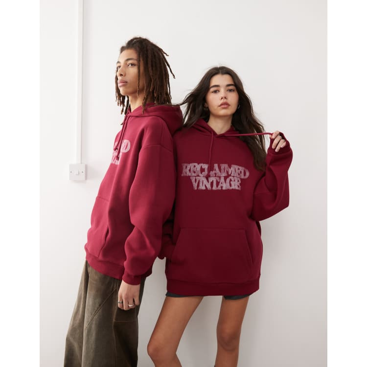 Reclaimed Vintage Unisex Oversized Hoodie with Spray Print in burgundy Red