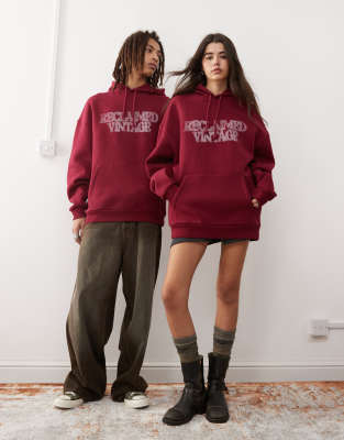 Reclaimed Vintage unisex oversized hoodie with spray print in burgundy