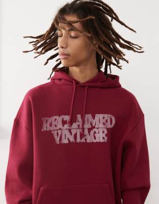 Reclaimed Vintage unisex oversized hoodie with spray print in burgundy