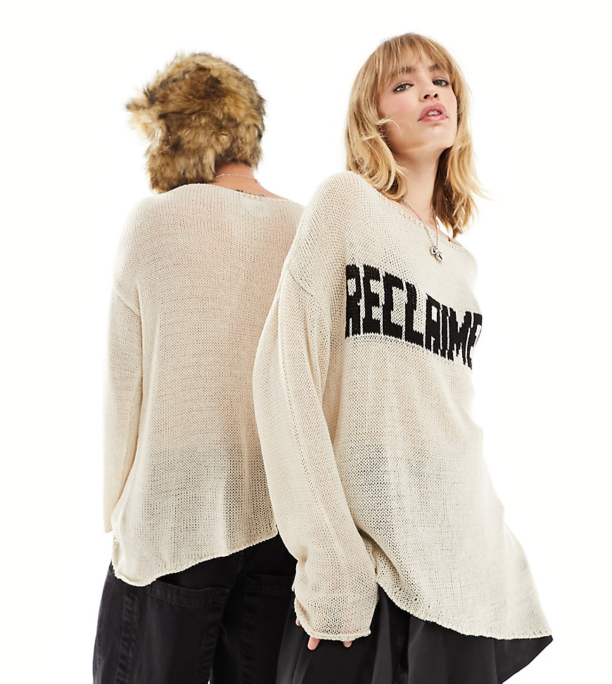 Reclaimed Vintage unisex oversized jumper with logo in cream-Neutral