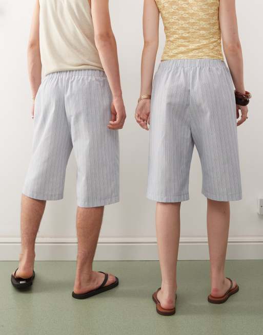 Reclaimed Vintage Unisex oversized longline shorts in blue summer stripes