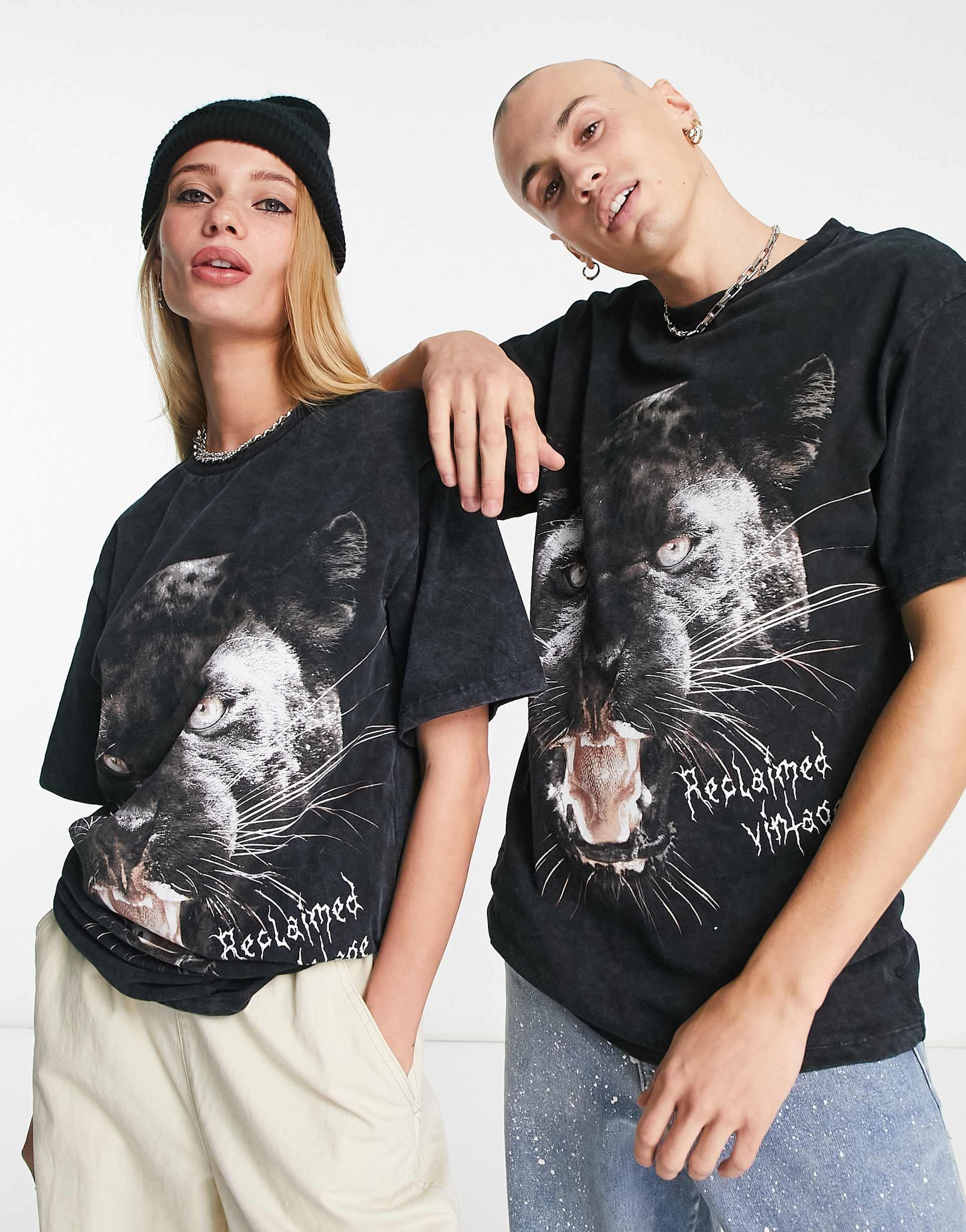 Reclaimed Vintage unisex oversized panther print t-shirt in black view 2