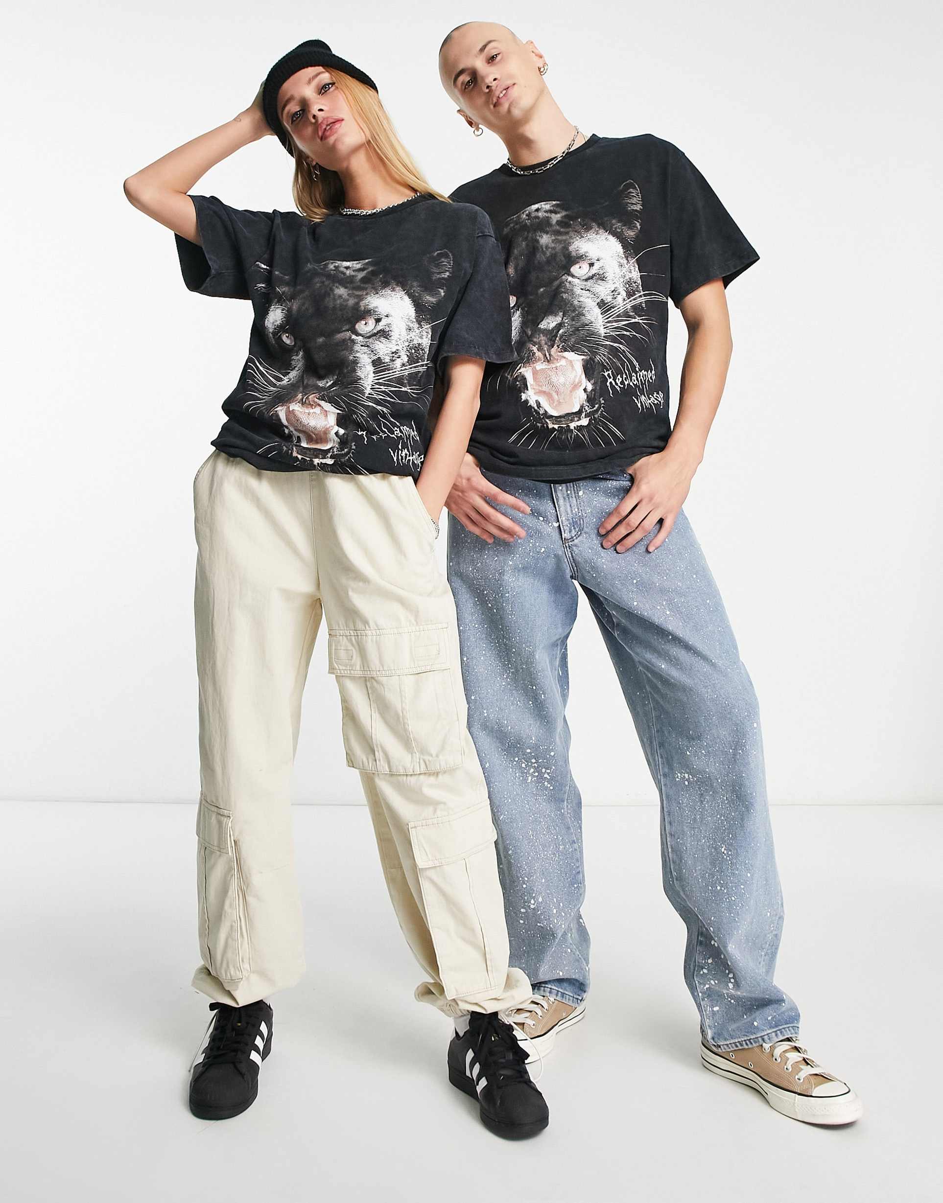 Reclaimed Vintage unisex oversized panther print t-shirt in black view 3