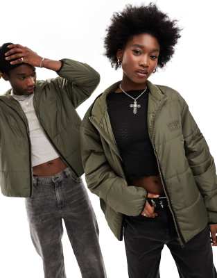 Reclaimed Vintage unisex oversized puffer bomber jacket in khaki-Green