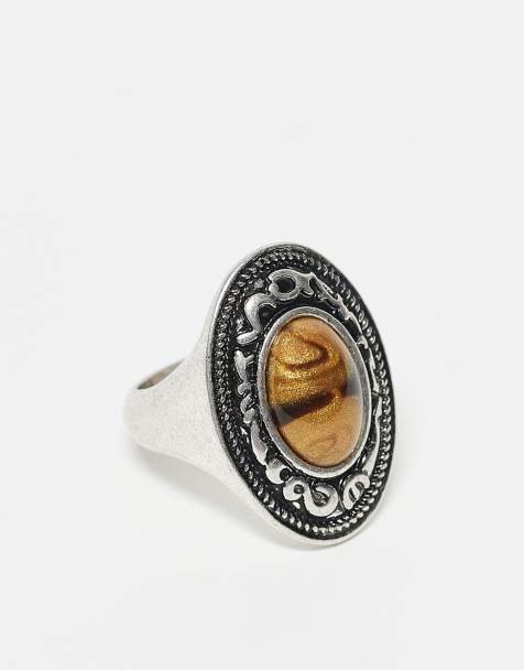 Reclaimed Vintage unisex oversized ring with faux stone in burnished silver - view 1