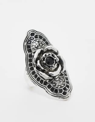 Reclaimed Vintage Unisex Oversized Ring With Rose In Silver