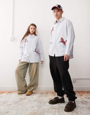 Reclaimed Vintage unisex oversized shirt in pinstripe with horse print