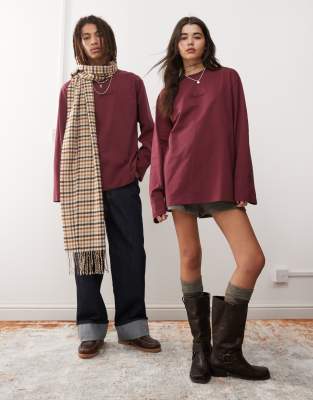 Reclaimed Vintage unisex oversized skater long sleeve t-shirt in washed burgundy