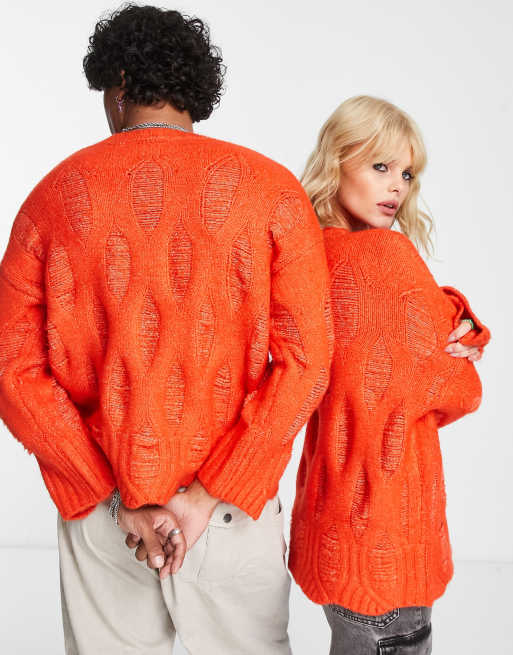 Reclaimed Vintage unisex oversized sweater with laddering and distressing in orange , 3 of 4