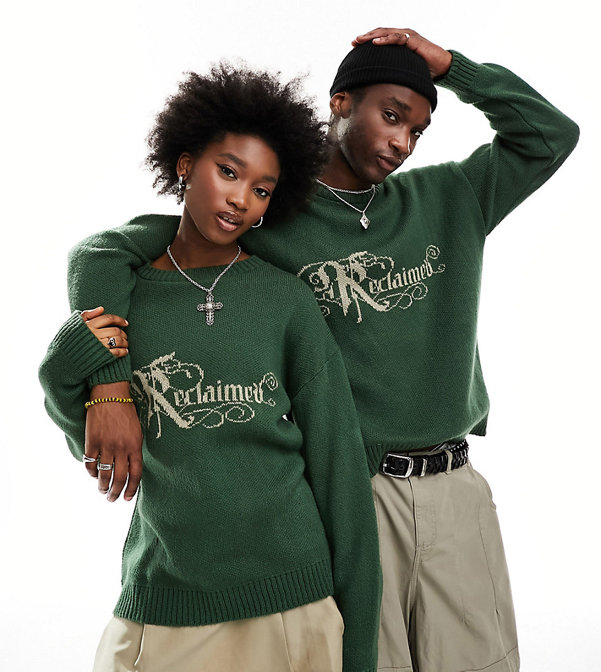 unisex oversized sweater with logo in green-White