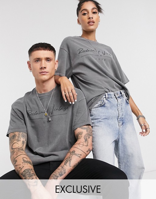 Reclaimed Vintage unisex oversized t-shirt in charcoal with logo print