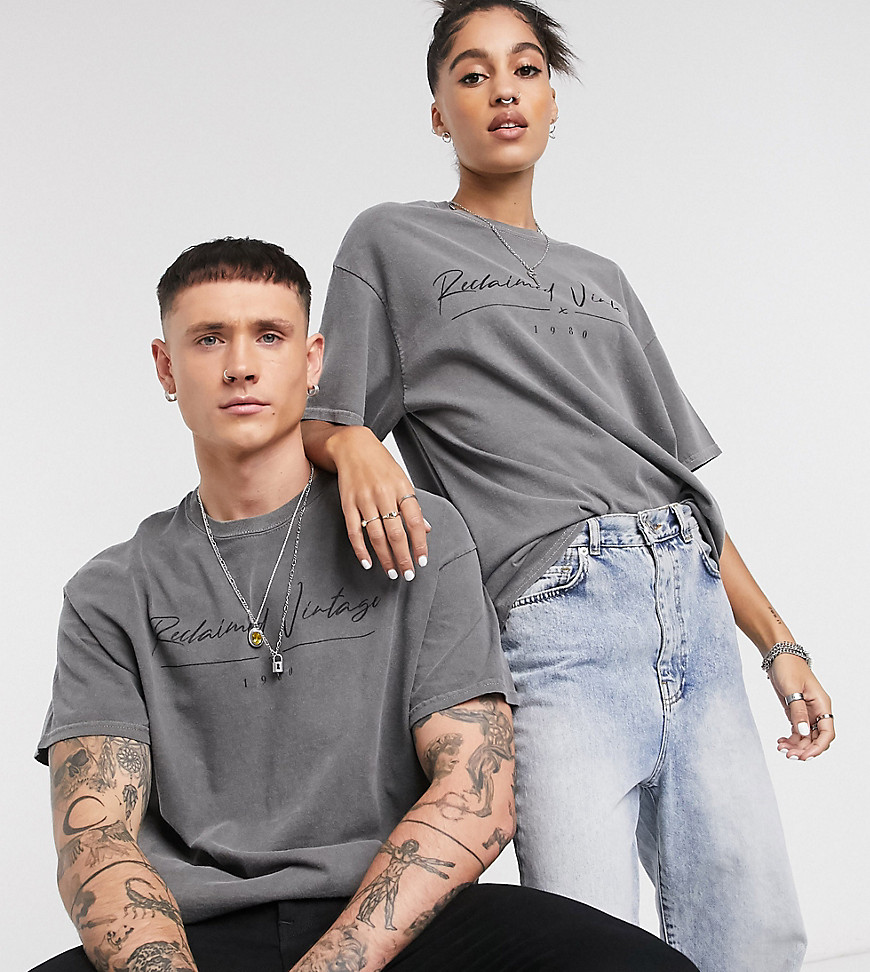 Reclaimed Vintage unisex oversized t-shirt in charcoal with logo print-Black